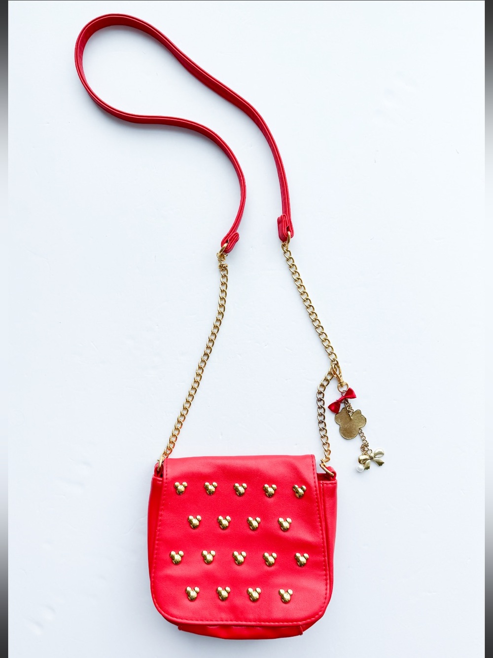 Disney Store Red Mickey Mouse Studded Crossbody Bag Minnie Charm Chain Strap